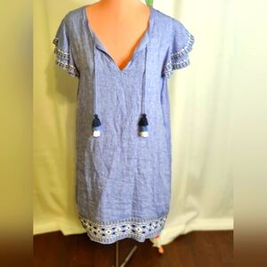Vineyard Vines chambray denim linen Popover resort mini Dress embroidery S
